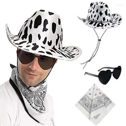 Berets 3pcs/مجموعة رجعية على الطراز الغربي من الرجال رعاة البقر قبعة الإبداع بقرة كاب غطاء القلب مربع وشاح في هالوين حفلة تأثيري