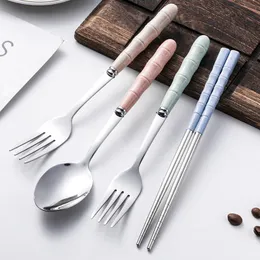 Camping Travel Flatware Set with Case Wheat Straw Handle Stainless Steel Spoon Fork Chopsticks Tableware Sets for School Lunch Outdoor Picnic