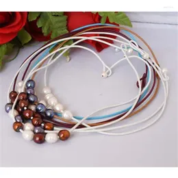 Choker Natural Oval Freshwater Pearl Stone Beads Handwork Leather Rope For Women Fashion Necklace Jewelry Simple Chain Pendant