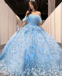 2023 azul -céu do ombro de penas de ombro Quinceanera vestidos de festas de celebridades de miçangas 3D Flores de graduação vestido de baile vestido de