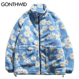 Мужские вниз Parkas Gonthwid Cotton Padded Luld Jackets Streetwear Hip Hop Daisy Print Fleeme теплый полный zip мод