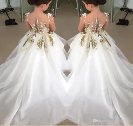 2022NEW Design Flower Girls Dresses for Weddings Mangas compridas lantejoulas douradas vestidos de festas Primeira comunhão para crianças Tee8012502