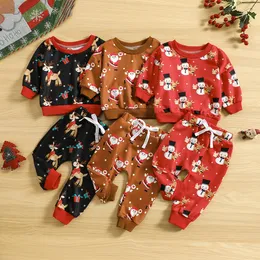 Roupas conjuntos de roupas bebês meninas meninos calças de Natal Papai Noel Papai Noel Papai Noel Elk Impressão de manga longa Sol moletom elástico da cintura 0 3 T 221118