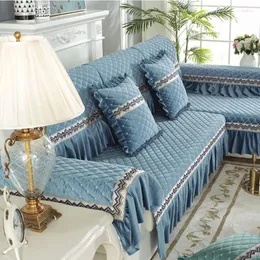 Housses de chaise 1 pièces coussin de canapé en velours massif ourlet bleu forme de L inclinable feuille de couverture de siège antidérapante pour le salon