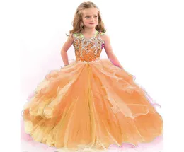 Ball Hown Spaghetti Braps Flower Girl Dress Beads Crystal Kids Beauty Pagaent Dress Ruffles Ruffles Girls Pink Prom Gowns8200161