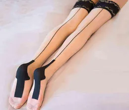 Donne retrò039s sexy grigio pizzo top coscia alte calze femminili erotiche sile cubana tallone posteriore calze di cucitura su ginocchio ginocchio t221173895