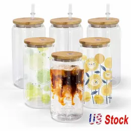 US STOCK 16oz Sublimation Blank Tumblers Glass Beer Mugs Can Shaped Cups Soda Drinking Mason Jar Juice Glasses Bottles With Bamboo Lid And Reusable Straw ss1119