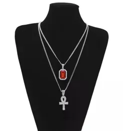 Egyptisk Ankh -livsnyckel Bling Rhinestone Cross Pendant med Red Ruby Pendant Halsband Set Men Woman Fashion Hip Hop Jewelry Part6317548