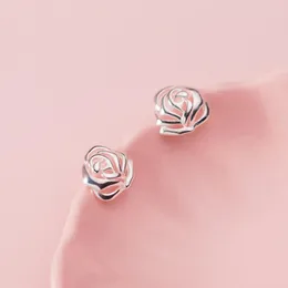أقراط مسمار Modian REAL 925 Sterling Silver Simple Rose Flower Carring for Women Anti-Allergy Plant Ear Pin Gight Jewelry Gift