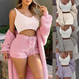 Sleep Lounge da donna 3 pezzi / set Inverno Sexy Women Home Wear Suit Pigiama casual Set Lady Donna Soft Warm Long Sleeve Exposed Navel Vest Shorts Set T221017