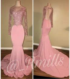 2019 Pink Lace Backless Long Sleeves Prom Dress Mermaid Appliques Formal Holidays Wear Graduation Evening Party Gown Custom Made P9009674