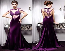2017 Purple Velvet Evening Gowns Jewel Длинные рукава с аппликационными выпускными платьями назад на молнии