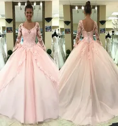 Açık pembe quinceanera elbiseler dantel aplike v boyun uzun kollu fırfırlar katmanlı tatlı doğum günü partisi balo resmi akşam giyim vestid estid