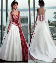 Retro Design Branco e Vestidos de noiva Vermelho Apliques de manga de tampa Tulle cetim de renda Cetina Uma linha Vestidos de noiva Tamanho Custom66662287