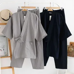 Homens sleepwear 2022 japonês quimono homens primavera e verão pijamas de duas peças de algodão cor sólida simples tamanho grande serviço de casa conjunto mens t221103