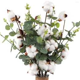 Flores decorativas de 6pcs simulação hastes de algodão 21 "ramo 4 cabeças artificiais com eucalipto folhas reutilizáveis ​​seca falsa