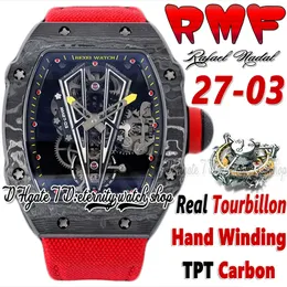 RMF ysf27-03 Mens Watch Real Tourbillon Mechanical Hand Winding Black TPT All Carbon Fiber Case Skeleton Dial Red Nylon Strap Super Edition Sport eternity Watches