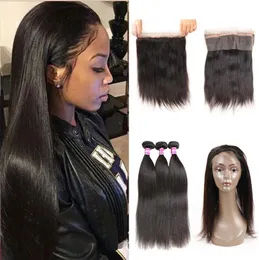 Pre Plucked Brazilian Straight Hair Weaves With Closure 360 Lace Band Frontal With Bundles Cheap Virgin Human Hair Extensions With