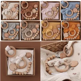 Baby Teethers Toys 1 set Bunny Ear Wooden Ring Teether Cotton Bibs born Saliva Towel Pacifier Clips Chain Set Gym Molar Bracelet 221119