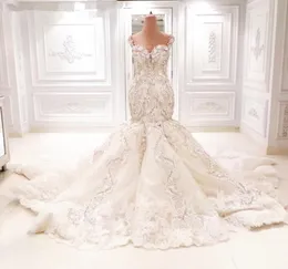 Michael Cinco Sparkly Lace Mermaid Wedding Dresses Cathedral 기차 3D Floral Vneck Backless Dubai Arabic Fishtail Bridal Dress5357564