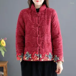 エスニック服冬国民風刺繍厚みショートコート女性中国ヴィンテージルースパッド入りジャケット女性の伝統唐装