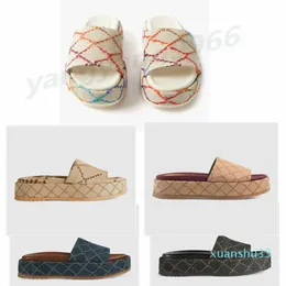 مع Box 2022 New Color Designer Slippers Womens Platform Mid Heel Fashion Canvas Dust Foam Runners Slippers UJQ