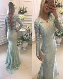 2021 Sage Mermaid Evening Dresses Jewel Neck Sleeves Long Lace Sweep Train Train Satin Prom Press Press Plats Party Cust1141244