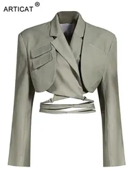 Abiti da donna Blazer Articat Grigio Doppio strato Fasciatura Giacca slim Donna Manica lunga Tasca Giacca corta Colletto dentellato Capispalla Top 221119