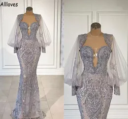 Gorgeous Grey Lace Mermaid Prom Dresses With Illusion Long Sleeves Sheer Neck Appliqued Beads Formal Evening Gowns Arabic Aso Ebi Special Occasion Dress CL1475