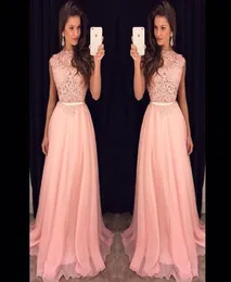 2020 Neue billige Pink A Line Prom Kleider Illusion Spitzen Applikationen Chiffon Schärpe bodenlange Custom Evening Dress Party Festzug For2171526