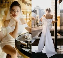 Mini Wedding Dress Sheath Big Bow Off The Shoulder Simple Elegant White Satin Short Bridal Gowns Boho Garden Beach Reception Engagement Dress For Bride Modern AL9599