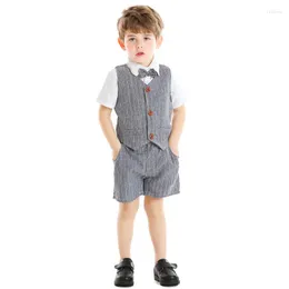 남자 양복면 캐주얼 스트라이프 셔츠 조끼 바지 3 pcs 소년 여름 결혼식 정장 아이의 옷 친교/어린이 복장