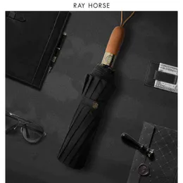 Ray Horse 12k Pongee Cloth Wooden 3 قابلة للطي مشمسة ومظلة ممطرة الرجال هدايا في الهواء الطلق Paraguay Rain J220722