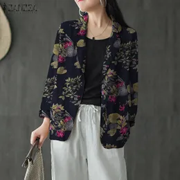 Damenanzüge, Blazer, eleganter, bedruckter Blazer für Damen, lässige Einknopfbluse, ZANZEA Herbstmäntel, lange Ärmel, böhmische Blumenjacken, Übergröße 221119