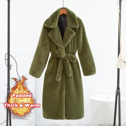 Cappotto caldo invernale in pelliccia sintetica da donna, colletto spesso lungo, con cintura, Casaco Feminino Sash 221119
