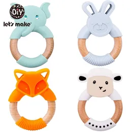 Baby Teethers Toys Lets Make 1pc Silicone Teether Beech Wooden Ring Hand Teething Rattles Musical Chew Play Gym Montessori Stroller 221119