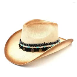 Berretti Moda Donna Uomo Cappello da cowboy occidentale di paglia con fascia per elegante Lady Sombrero Hombre Cowgirl Cappellini jazz Taglia 58CM