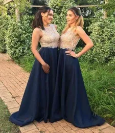 2019 Formal Navy Blue Long Bridesmaid Dresses Jewel Neck Beaded Champagne Gold Sheer Lace Bodice A Line Satin Bottom Bridesmaids F6506403