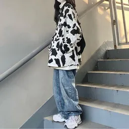 Giacche da donna Giacca con stampa mucca Donna Oversize Harajuku Coreano manica lunga Cappotto bifacciale Vintage Hip Hop Streetwear