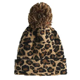 Beanie Skull Caps Autumn and Winter Warm Fashion Personality Leopard Print Stor boll stickning ullhylsa huvud fl￤nsande hat303h