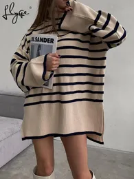 Kadın Sweaters Striped Split Belktleneck Kadın Kazak Uzun Parlama Kılıf Örme Büyük Boy Sonbahar Kış Kış Kazak Moda Top 221118