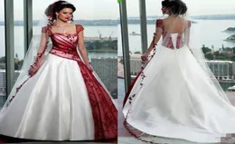 Retro Design Branco e Vestidos de noiva Vermelho Apliques de manga de tampa Tulle cetim de renda Cetina Uma linha Vestidos de noiva Tamanho 3521031