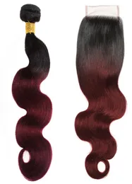 T1B99J Body Wave Borgoña Remy Hair Bundles with Closure 3 PCS Brasil Weave Human Weave Ombre 1B 99J Vino Rojo Con Closu