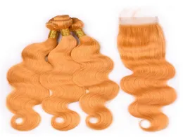 Оранжевая волна края remy meam hair wair plaining peaft weft 3 плетения с кружевным закрытием 4x4