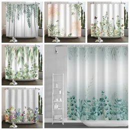 シャワーカーテン緑のユーカリ水彩葉の植物花柄の花柄の耐久性のある防水浴室の飾りフック221118