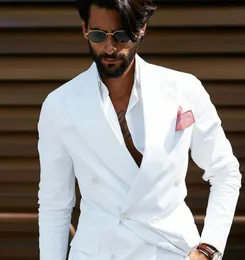 Popular White Men Suits Groom noivo Tuxedo 2 pe￧a noivo Blazer Blazer Double Basted Groomsmen Wear Jacket Cal￧a Pico de lapela EVE2621536