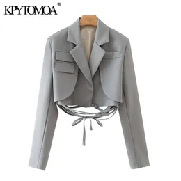 Kadınlar Suits Blazers Kpytomoa Bağlı Kırpılmış Blazer Ceket ile Kadın Moda Vintage Uzun Kollu Kadın Dış Giyim Şık Veste Femme 221119