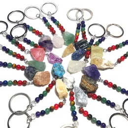 Moda Raw Stone Key Rings 7 Cores Chakra Bads Chain Pingente Kichain Quartz Natural Stones Pink Crystal Keychains Acess￳rios MKI
