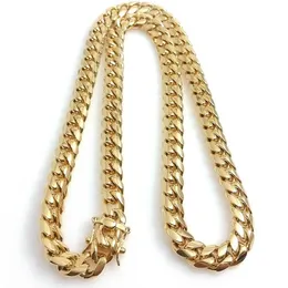 10mm 12mm 14mm Miami Cuban Link Chain Mens 14K Gold Plated Chains High Polished Punk Curb Stainless Steel Hip Hop Jewelry2671