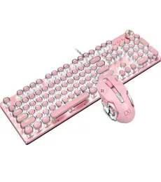Mechanical Gaming Keyboard and Mouse Combo Typewriter Wired USB Retro Steampunk White LED Backlit 104Key Blue Switch Pink